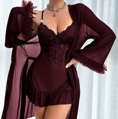 Elegant Maroon 2‑Piece Lace Cami Nightgown & Mesh Robe Set – Fishbone Waist Cinch & Dramatic Wide Sleeves  Sexy Maroon Lace Cami Nightdress + Wide‑Sleeve Fishbone Robe Set – Satin Bow Detail, Semi‑Sheer Elegance