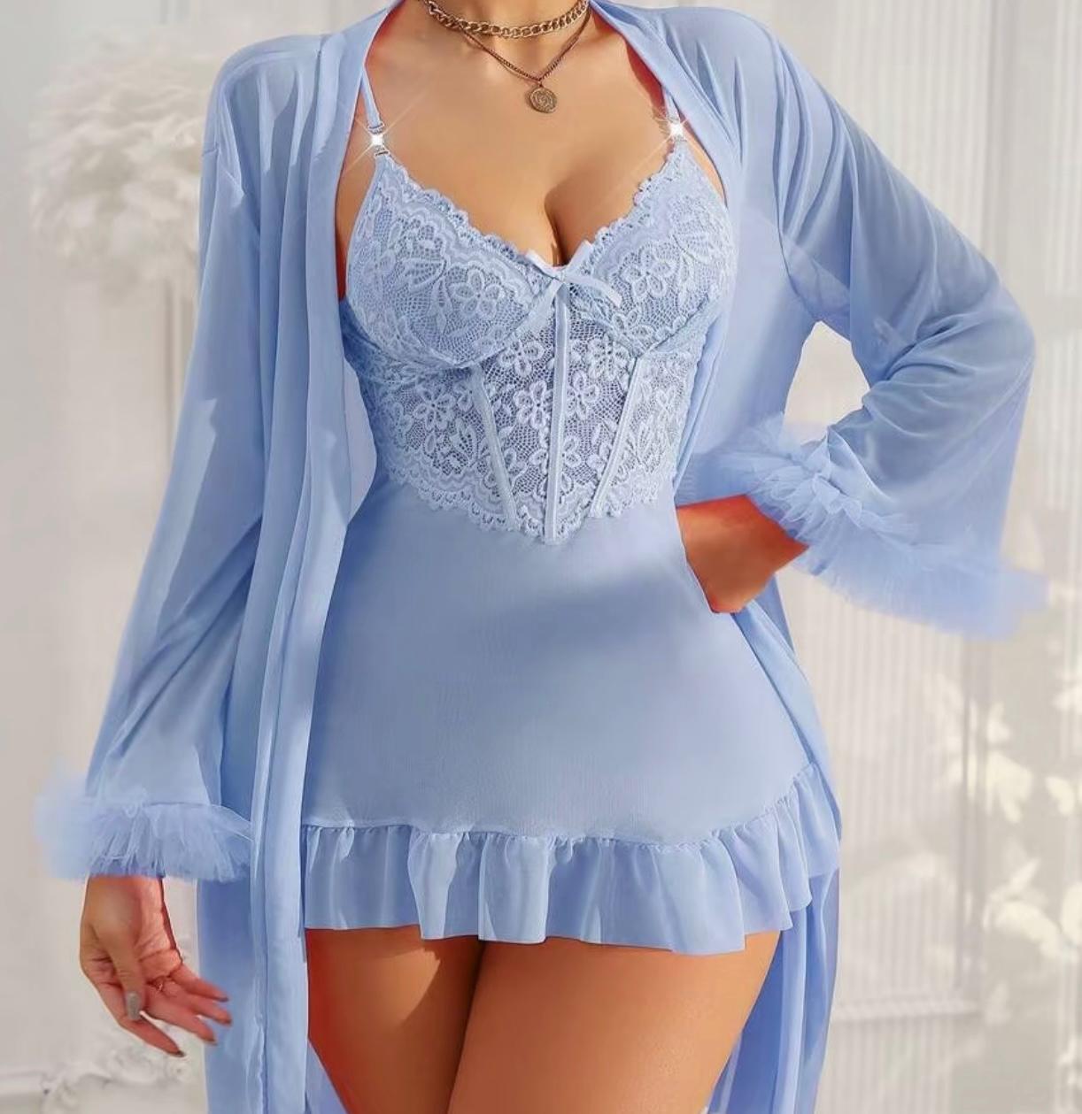 Elegant Maroon 2‑Piece Lace Cami Nightgown & Mesh Robe Set – Fishbone Waist Cinch & Dramatic Wide Sleeves  Sexy Maroon Lace Cami Nightdress + Wide‑Sleeve Fishbone Robe Set – Satin Bow Detail, Semi‑Sheer Elegance