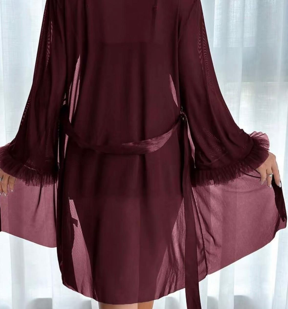 Elegant Maroon 2‑Piece Lace Cami Nightgown & Mesh Robe Set – Fishbone Waist Cinch & Dramatic Wide Sleeves  Sexy Maroon Lace Cami Nightdress + Wide‑Sleeve Fishbone Robe Set – Satin Bow Detail, Semi‑Sheer Elegance