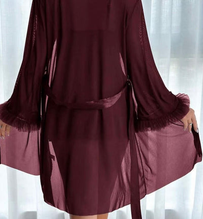 Elegant Maroon 2‑Piece Lace Cami Nightgown & Mesh Robe Set – Fishbone Waist Cinch & Dramatic Wide Sleeves  Sexy Maroon Lace Cami Nightdress + Wide‑Sleeve Fishbone Robe Set – Satin Bow Detail, Semi‑Sheer Elegance