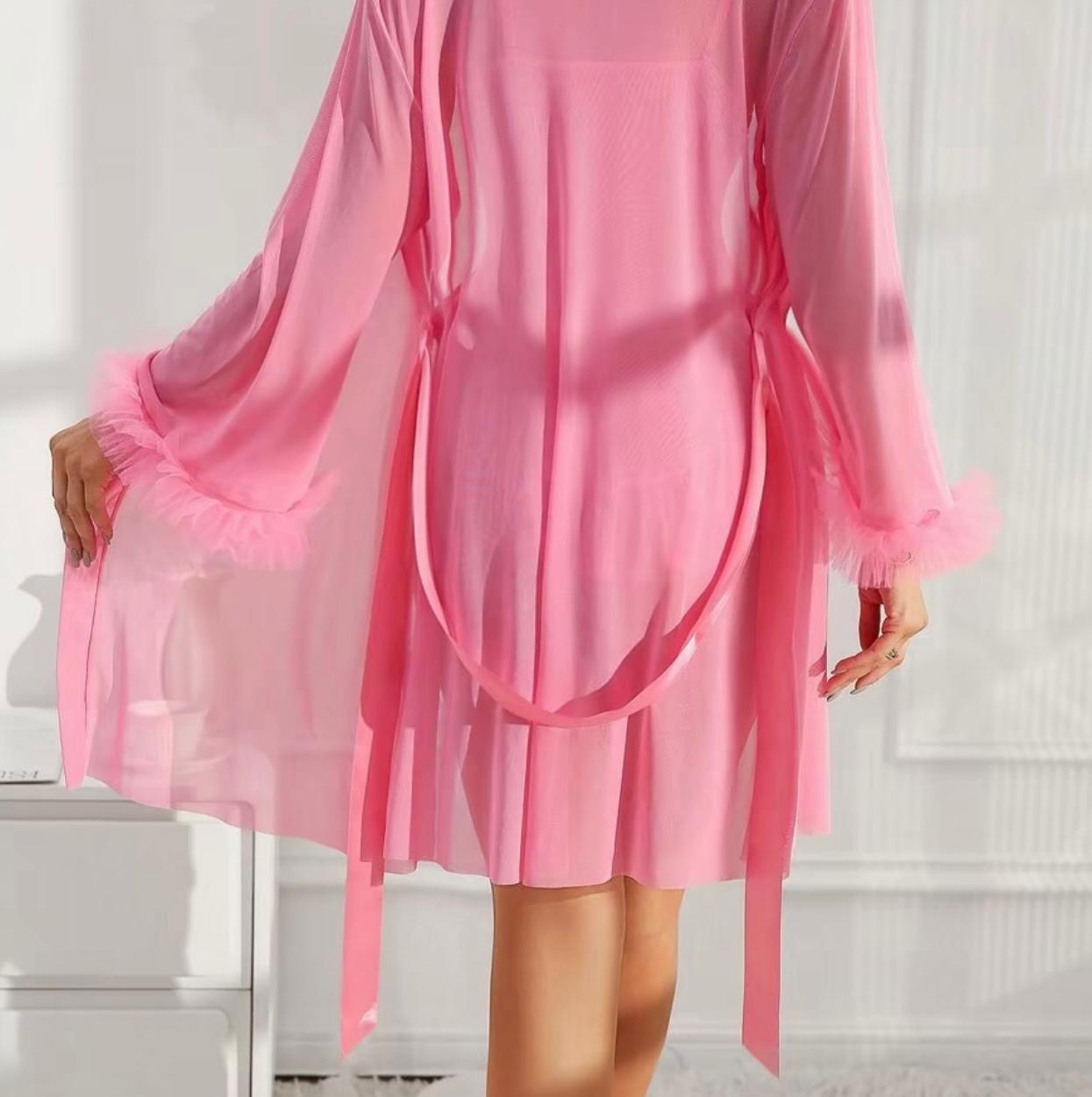 Elegant Maroon 2‑Piece Lace Cami Nightgown & Mesh Robe Set – Fishbone Waist Cinch & Dramatic Wide Sleeves  Sexy Maroon Lace Cami Nightdress + Wide‑Sleeve Fishbone Robe Set – Satin Bow Detail, Semi‑Sheer Elegance