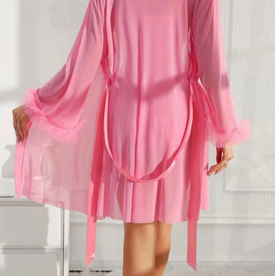 Elegant Maroon 2‑Piece Lace Cami Nightgown & Mesh Robe Set – Fishbone Waist Cinch & Dramatic Wide Sleeves  Sexy Maroon Lace Cami Nightdress + Wide‑Sleeve Fishbone Robe Set – Satin Bow Detail, Semi‑Sheer Elegance