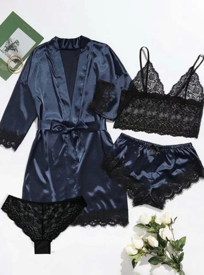 Blush Satin 4-Piece Lace Nightwear Set
